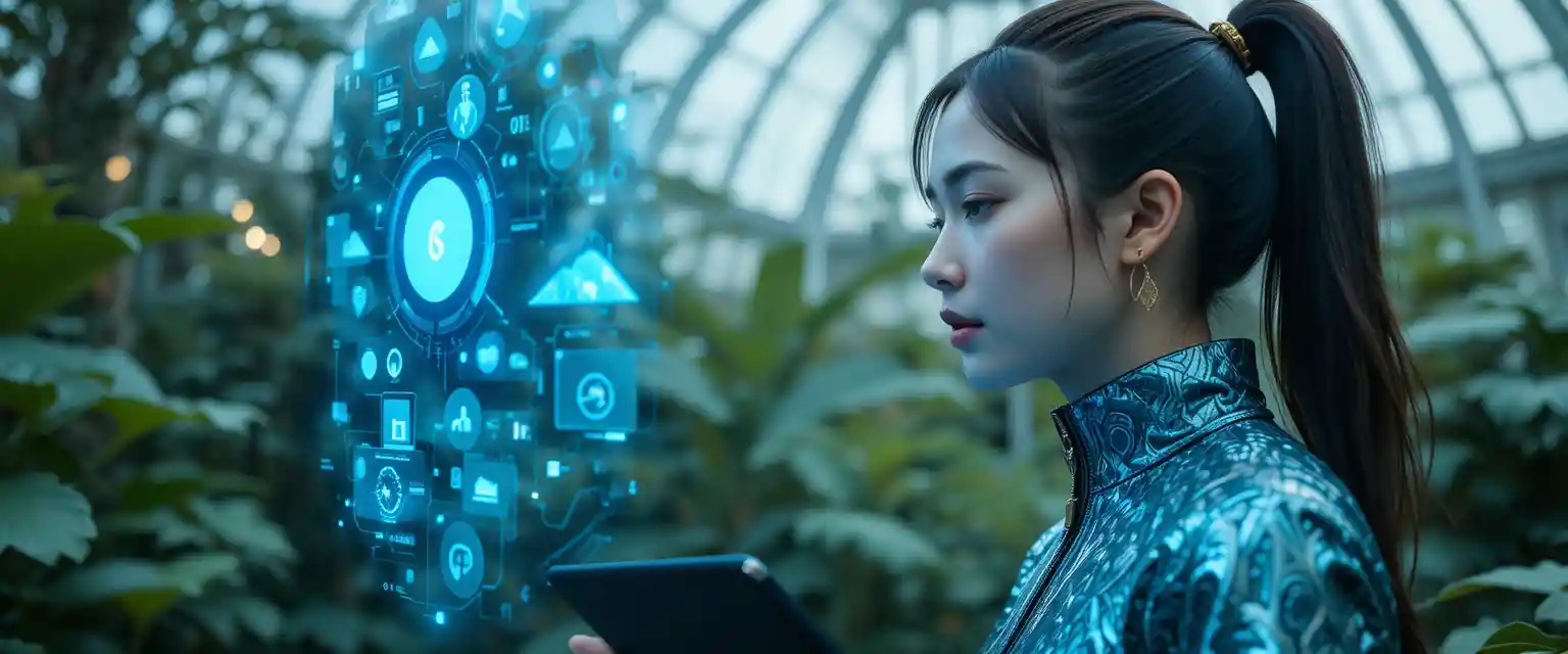 Young woman using holographic interface in lush greenhouse