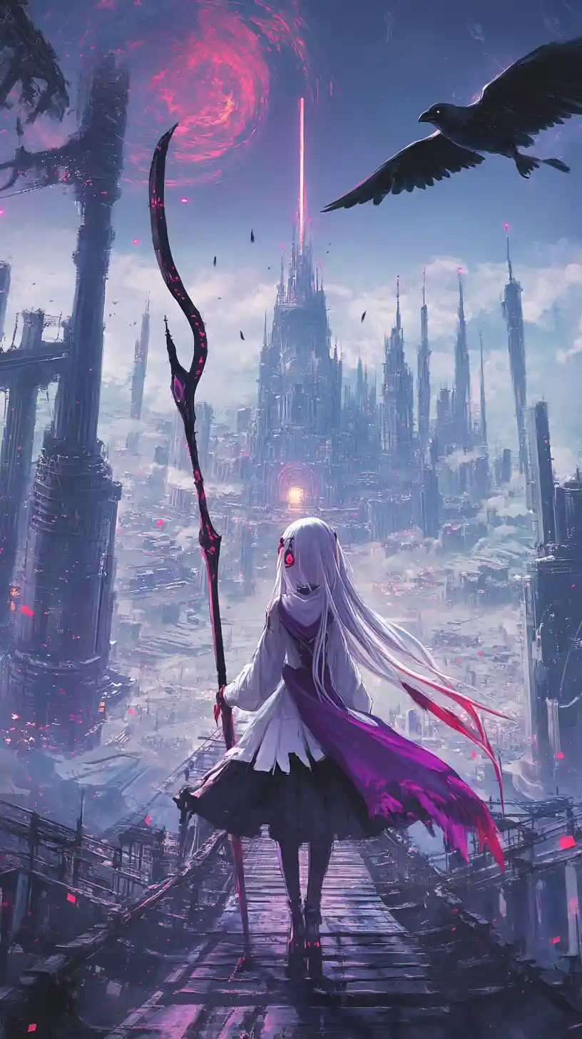 Anime girl with scythe crossing bridge to ruined fantasy castle