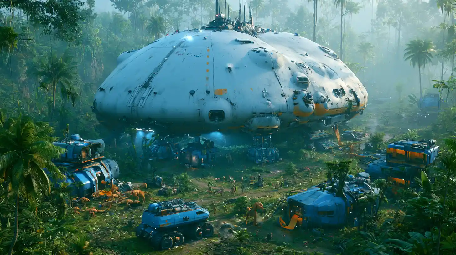 Alien supply ship unloading an outpost on jungle planet