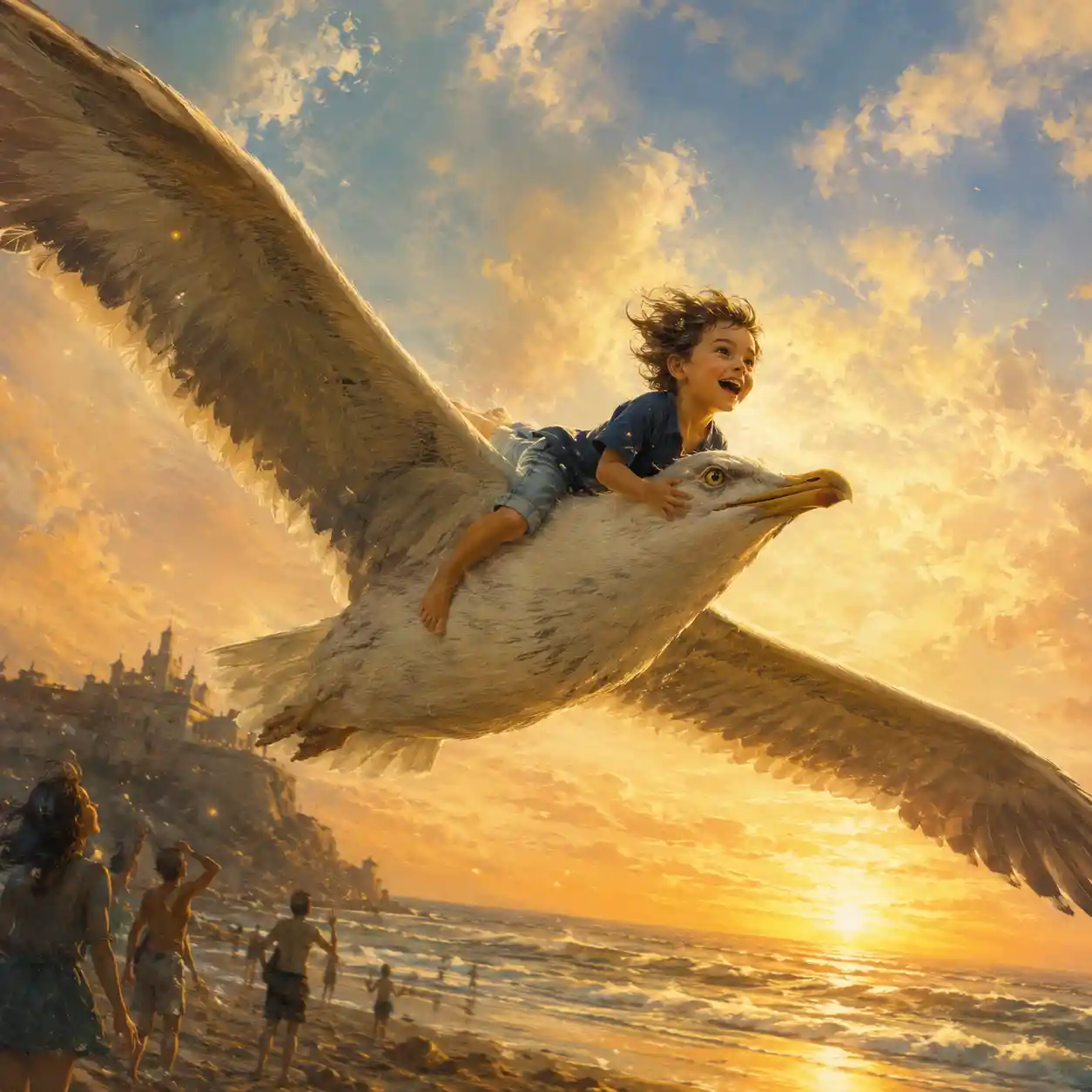 Boy riding a giant seagull over a sunset beach