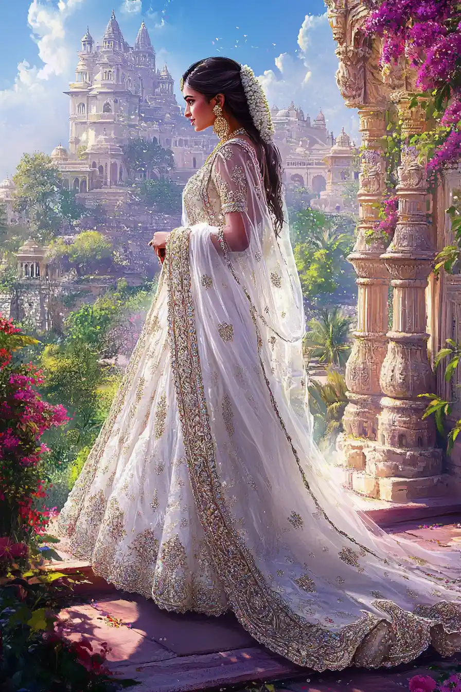 Indian princess in white wedding gown at palace entrance