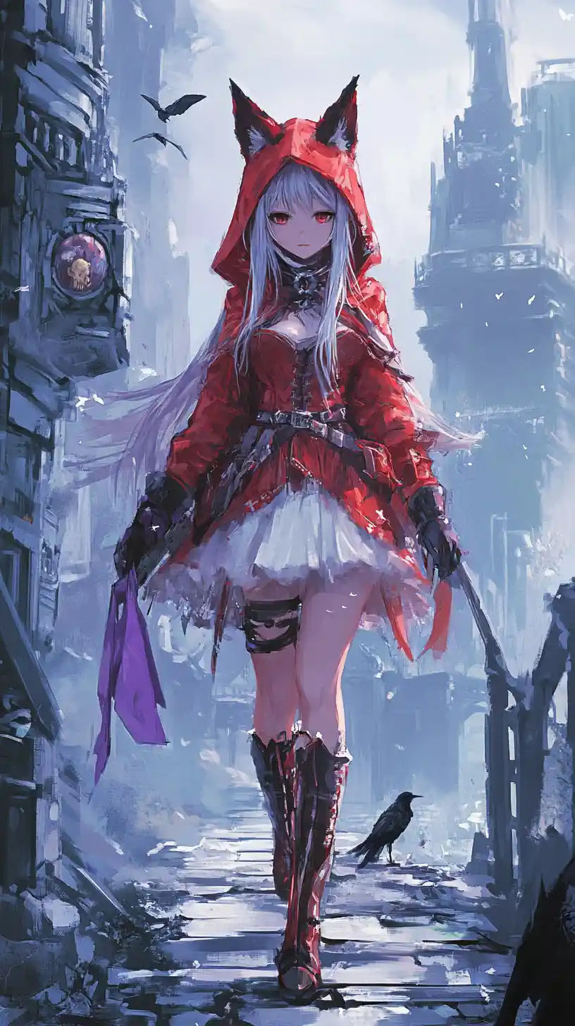 Anime girl with halberd crossing bridge to ruined fantasy castle