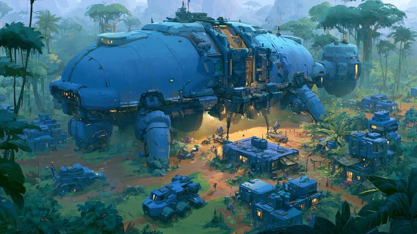 Colossal alien supply ship unloading outpost on jungle planet