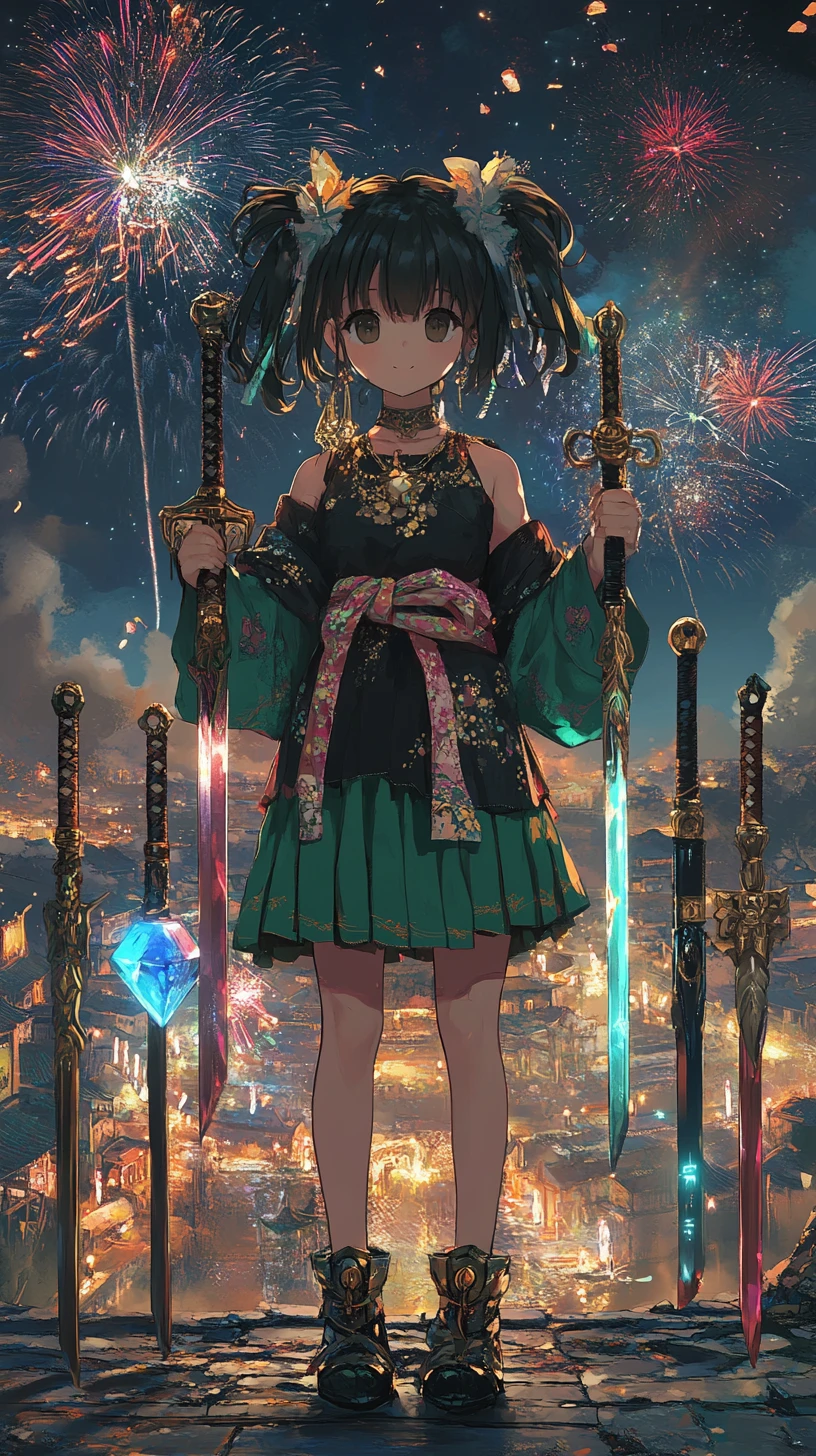 Anime girl attacking with ornate knife amid fireworks