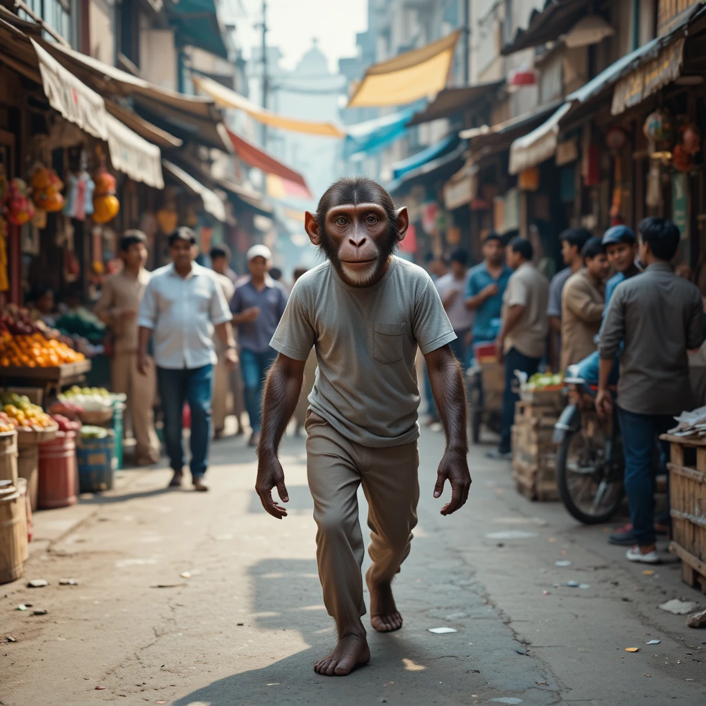 Anthropomorphic monkey walking through busy Indian street market