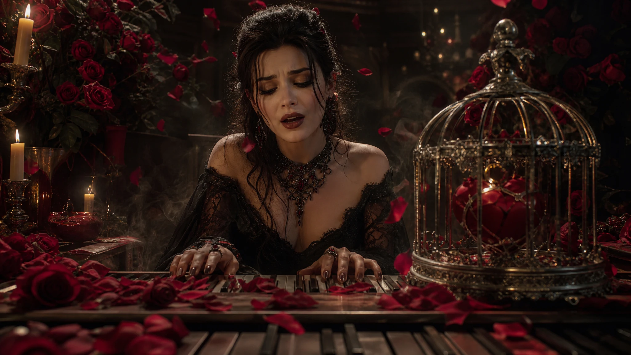Woman at piano surrounded by roses and candle smoke