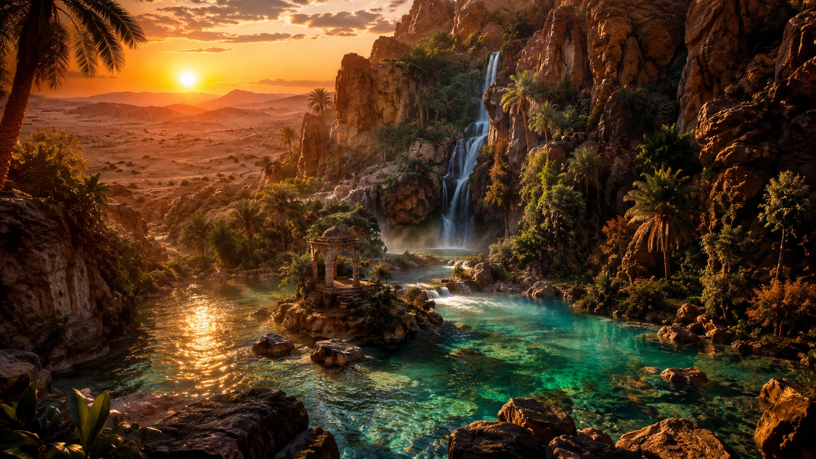Hidden desert oasis glowing in warm sunset light