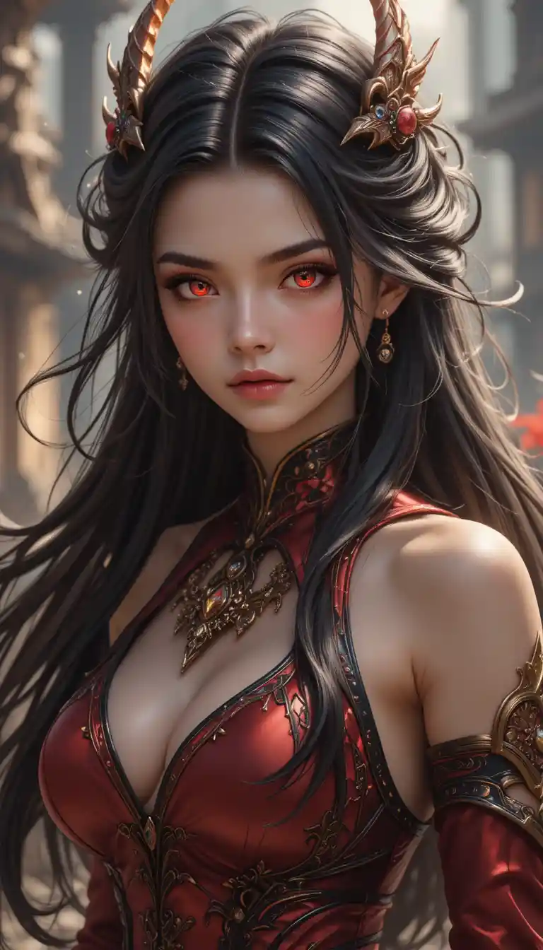 Muscular dragon woman warrior in noble red black armor