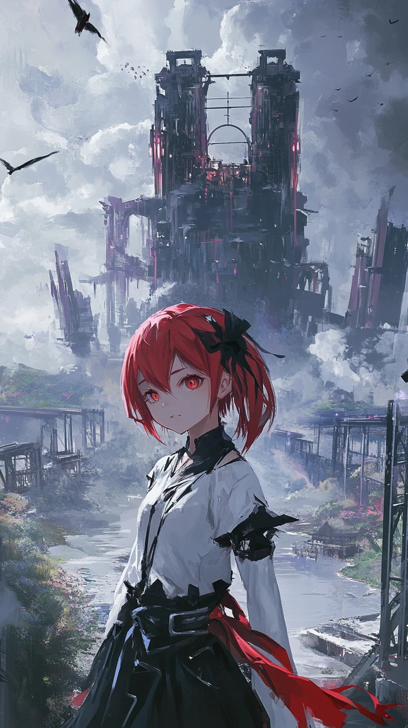 Anime girl with scythe crossing bridge to ruined fantasy castle