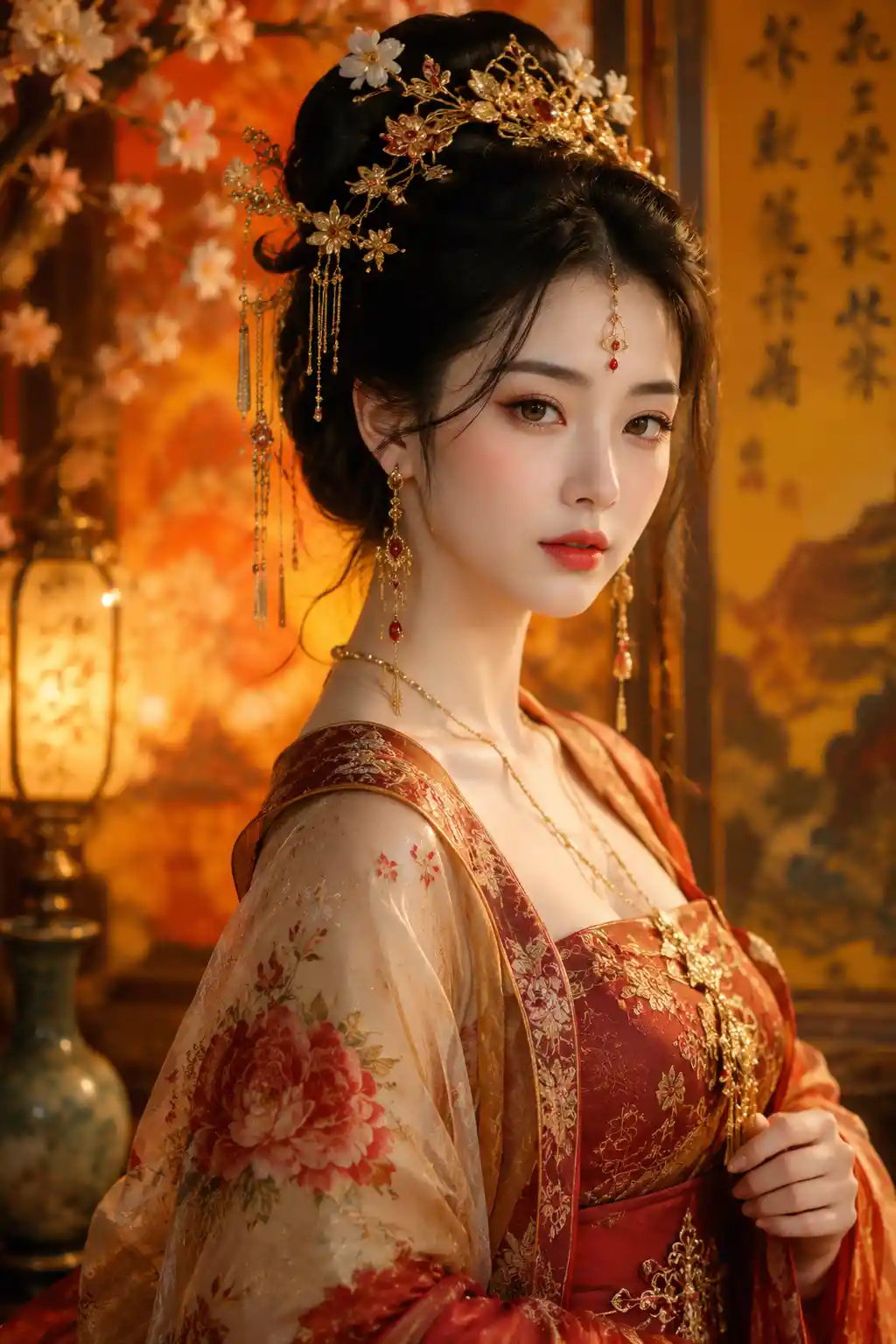 Serene oriental woman in traditional dress with golden jewelry