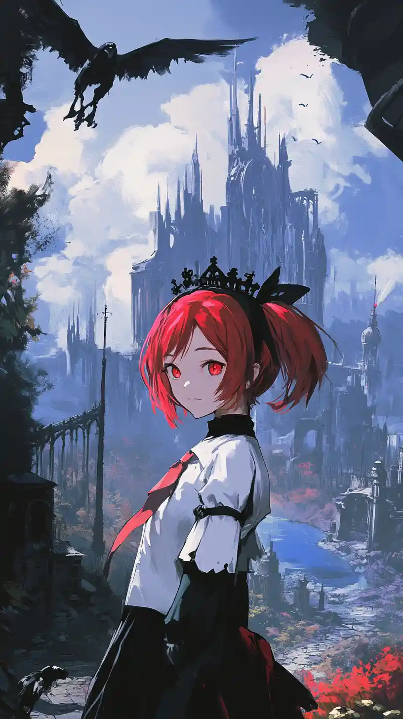 Anime-Mädchen mit Sense überquert Brücke zu Fantasy-Schloss