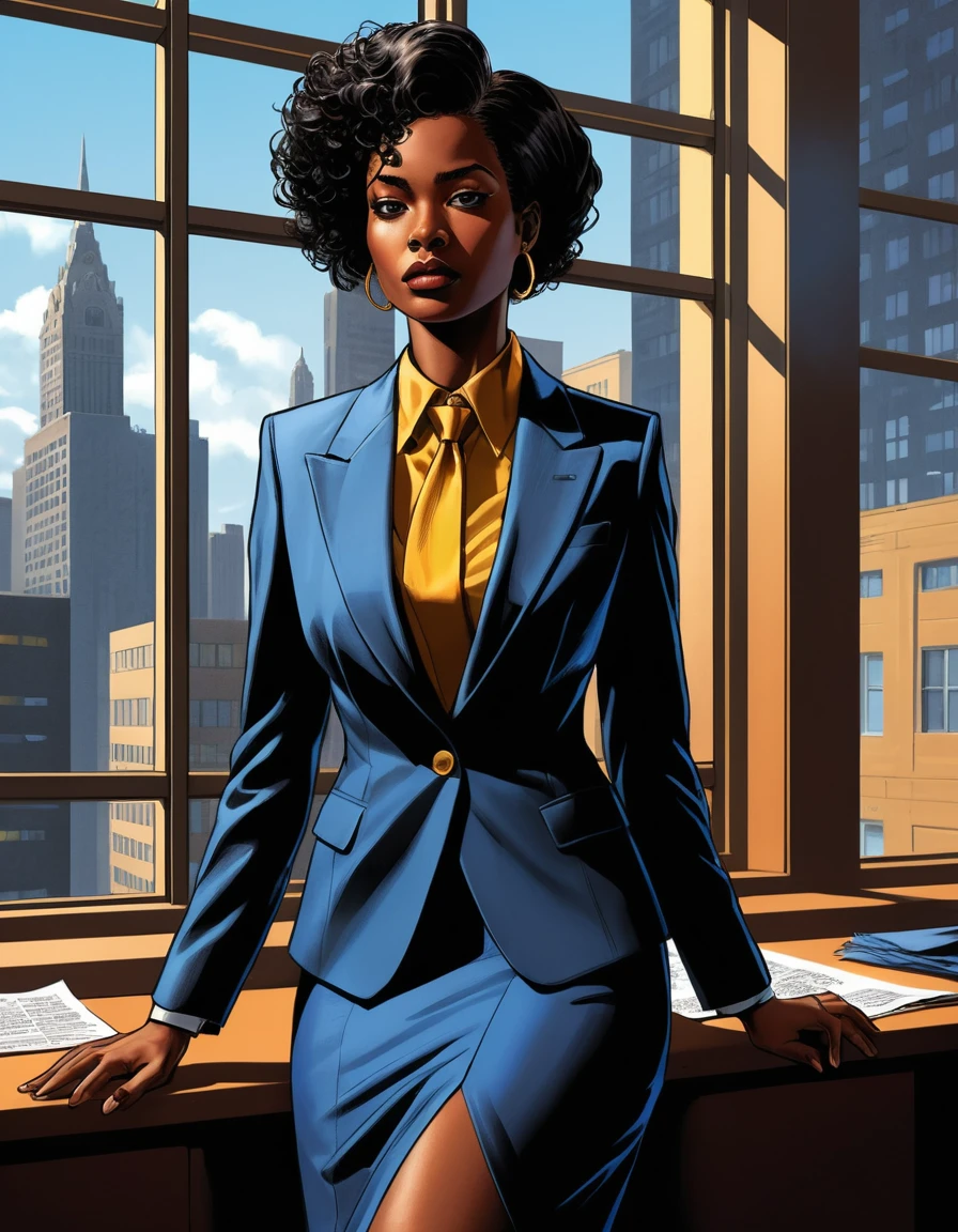 Thoughtful woman in business suit gazing out window