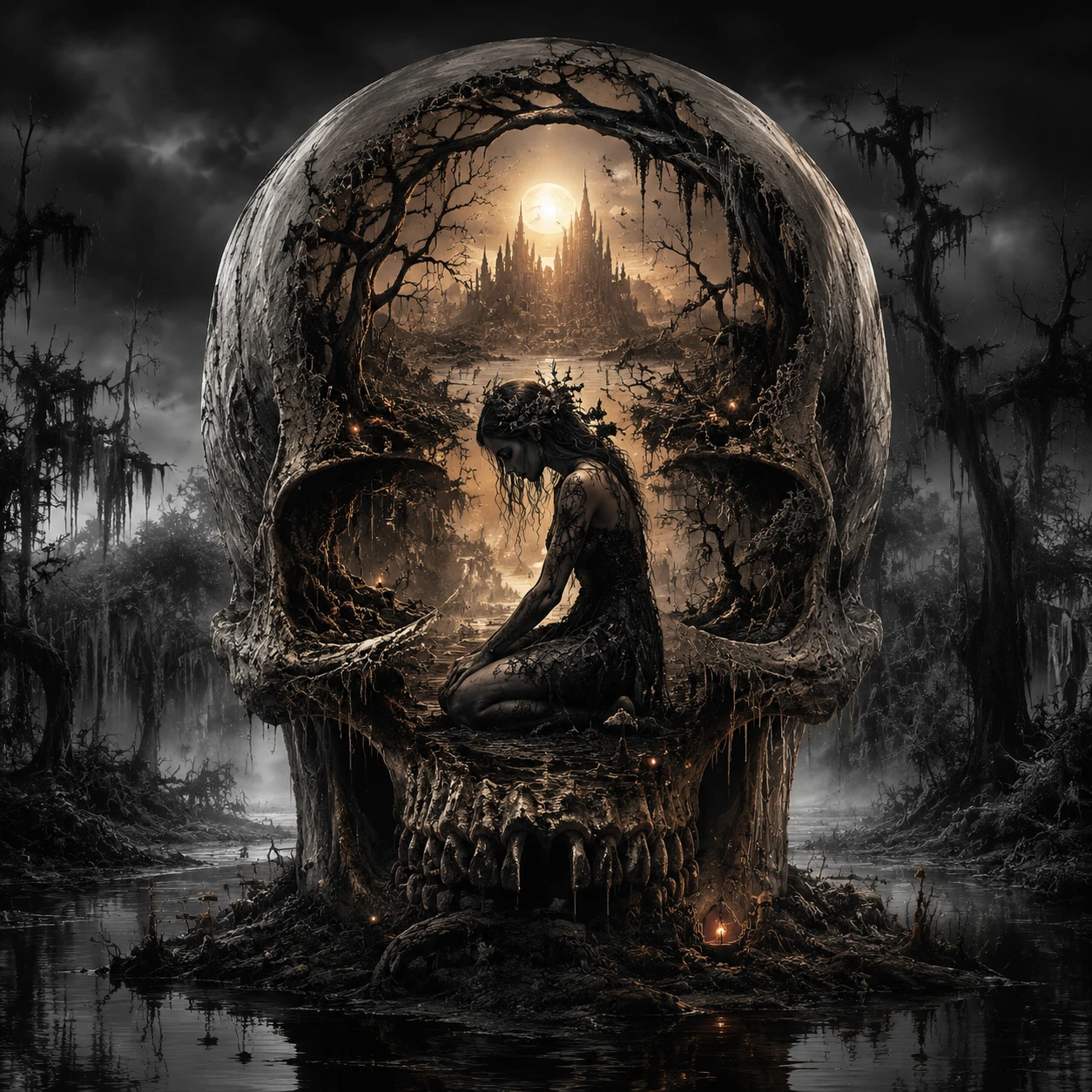 Mystical Woman Kneeling Inside Skull In Dark Swamp