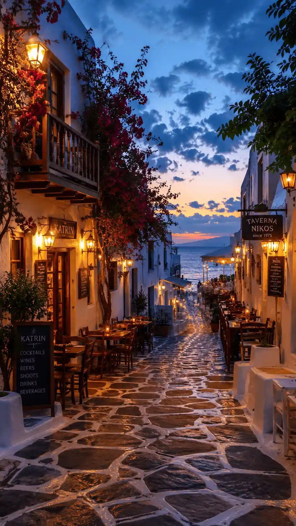 Romantic Greek street at blue hour with glowing lanterns