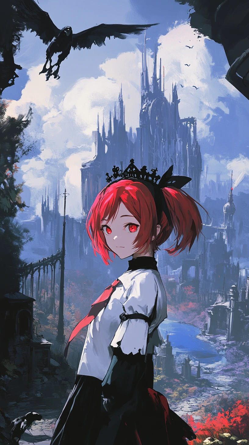 Anime girl with scythe crossing bridge to fantasy castle