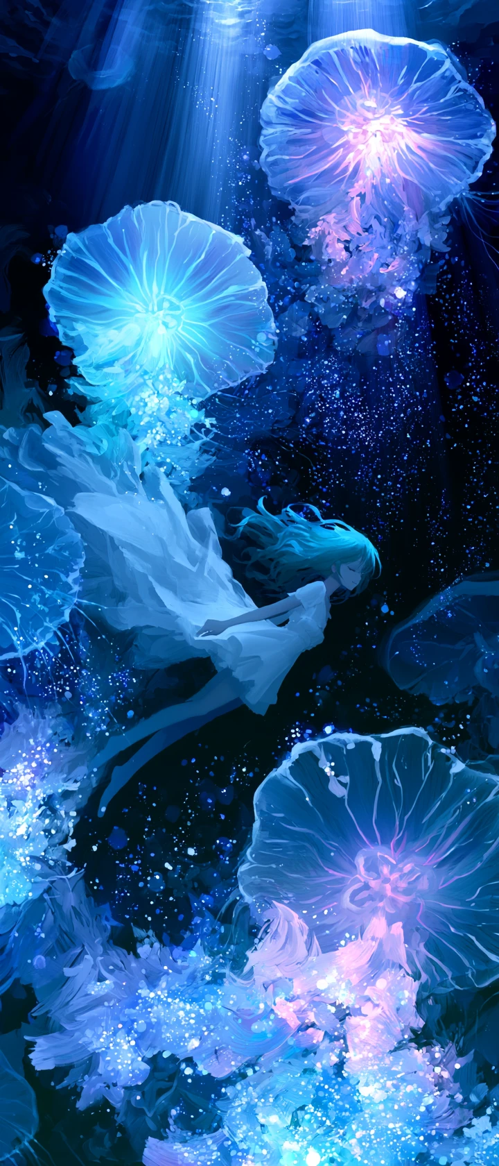 Chica de anime flotando entre medusas brillantes bajo el agua