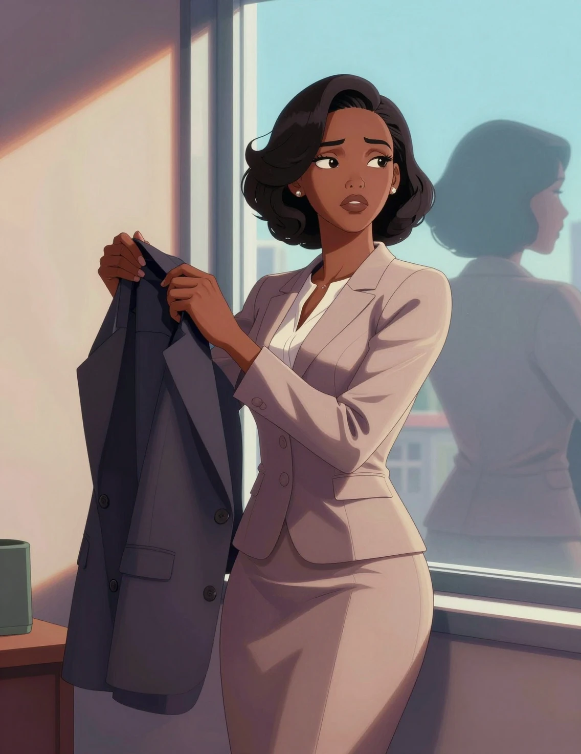 Donna nera triste in tailleur che guarda fuori dalla finestra al mattino