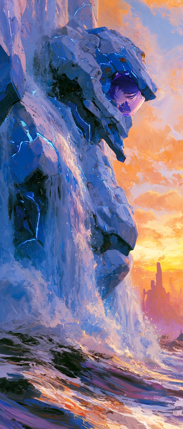 Giant anime mecha rises from stormy ocean at sunset