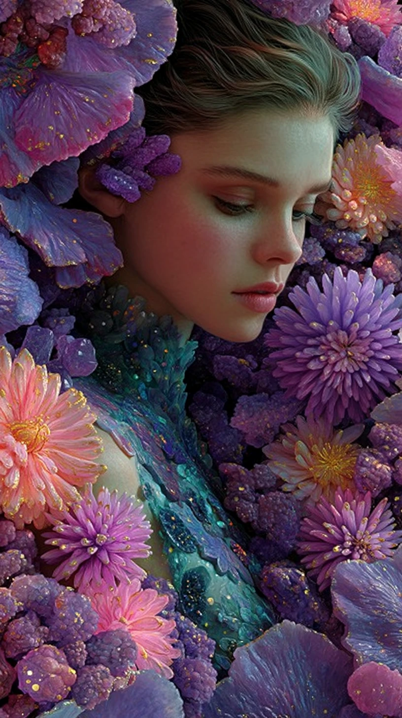 Woman with pink gemstones in a cosmic floral nebula