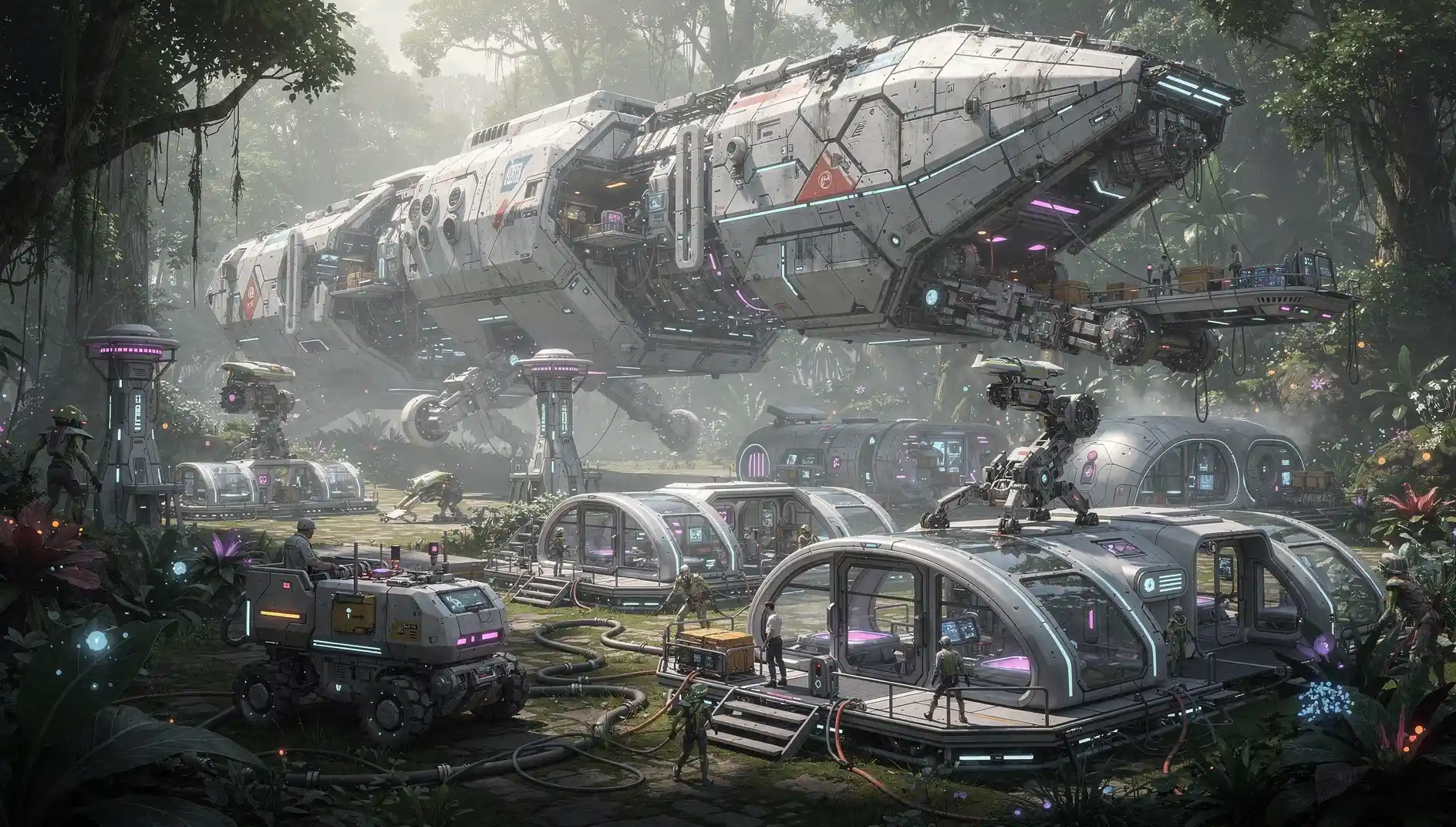 Gigantic alien supply ship unloading outpost on jungle world