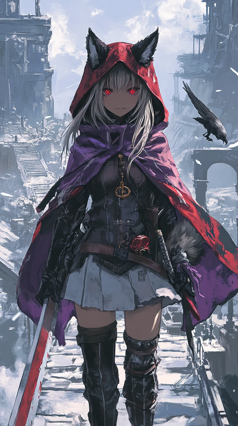 Anime girl with halberd crossing bridge to ruined fantasy castle