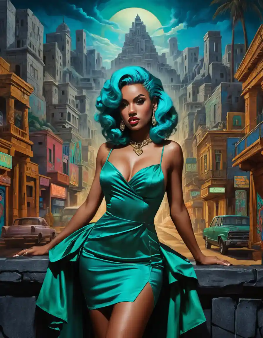 Glamorous fantasy woman in a tiny dress among cloud temples