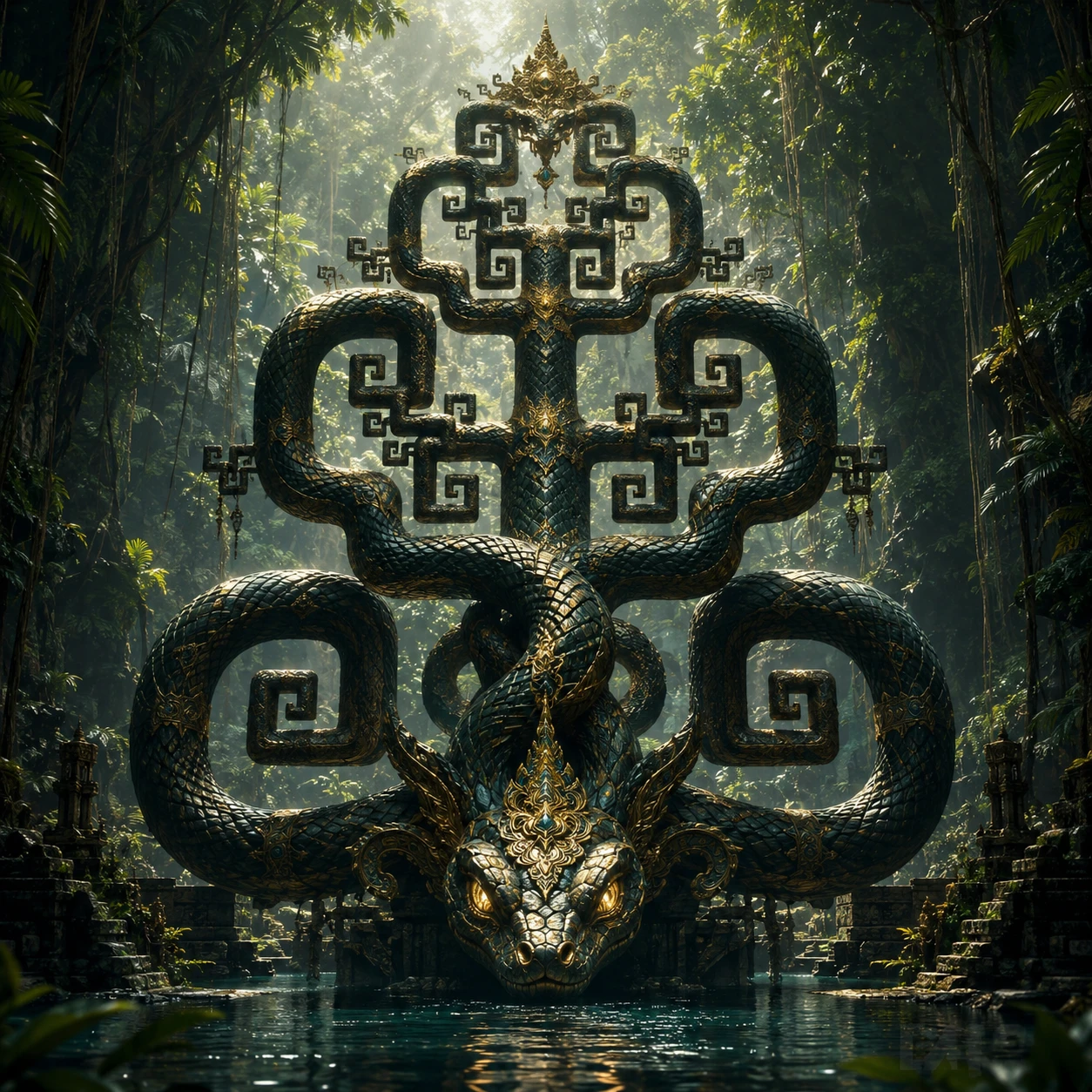Majestic snake deity coiled in a deep jungle temple