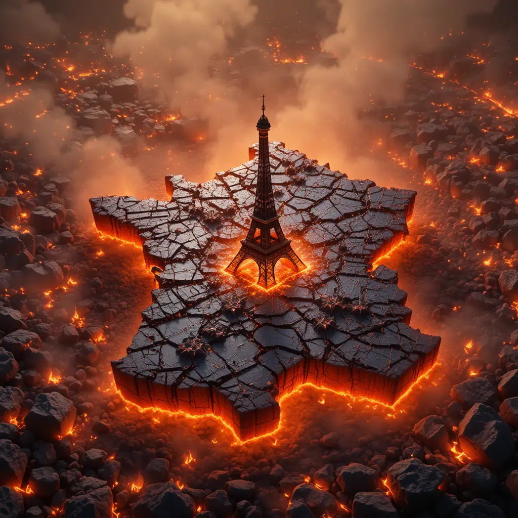 France map on burning coals with Eiffel Tower in heatwave