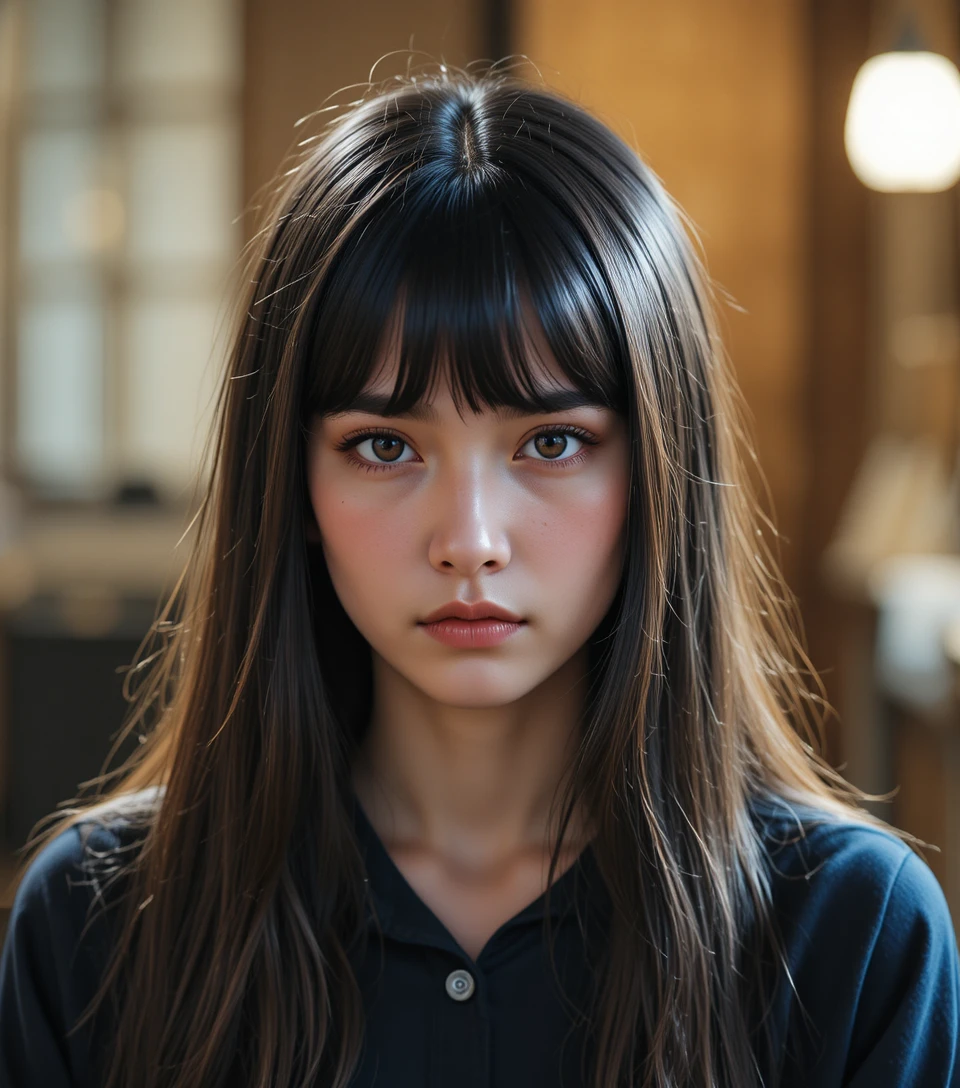 Young woman with bangs in dramatic close up portrait