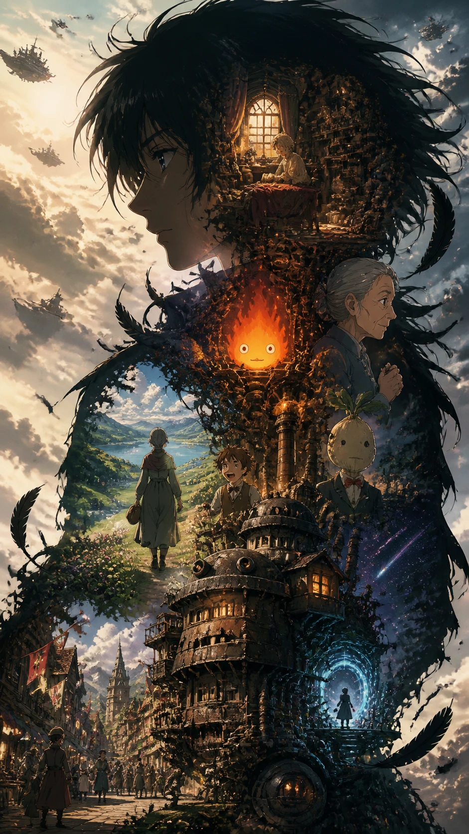 Giant feathered man silhouette framing a floating steampunk castle