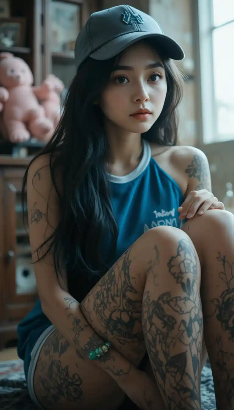 Tattooed Asian woman seated in a casual indoor portrait