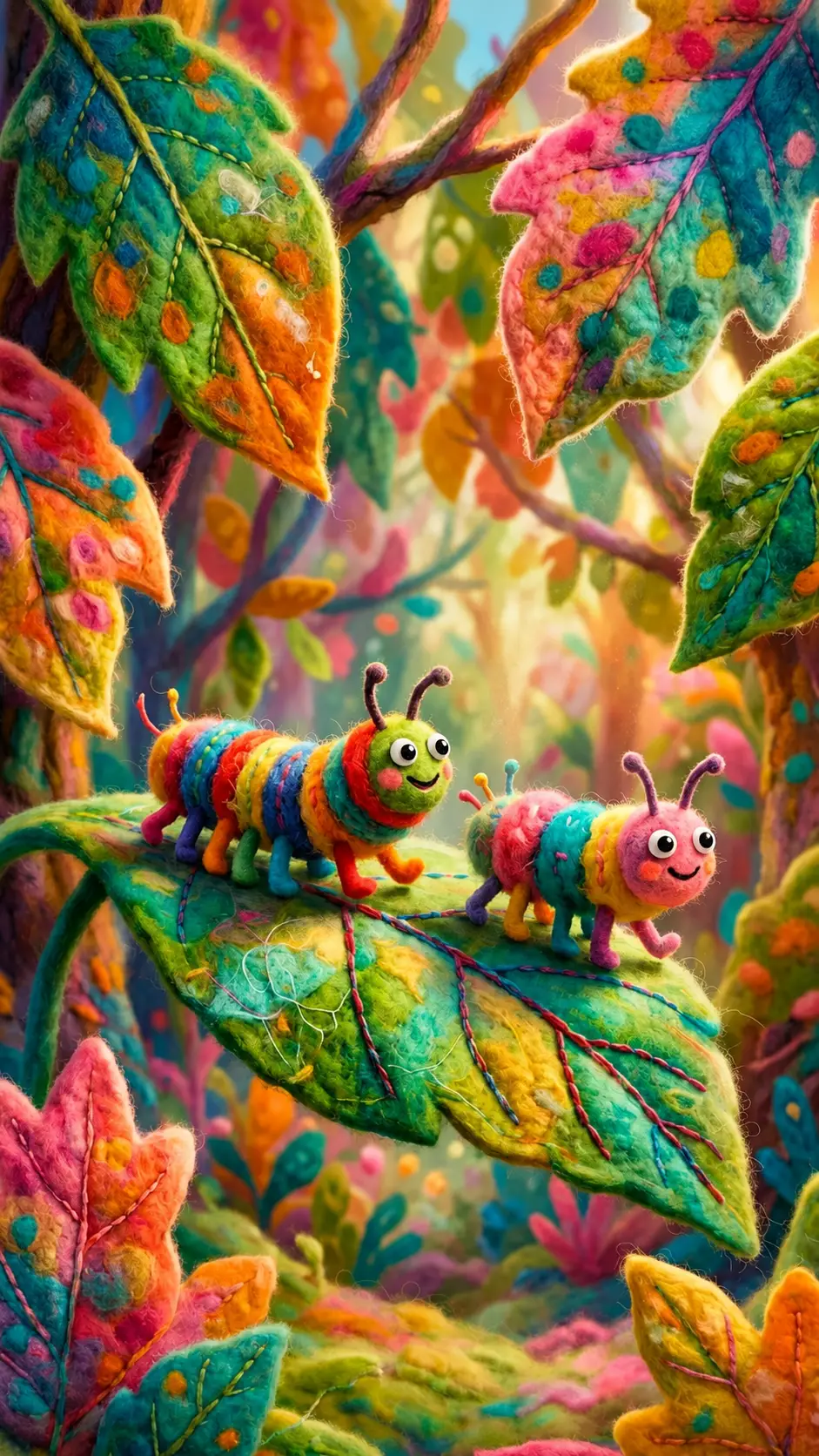 Colorful wool caterpillars walking among giant leaves