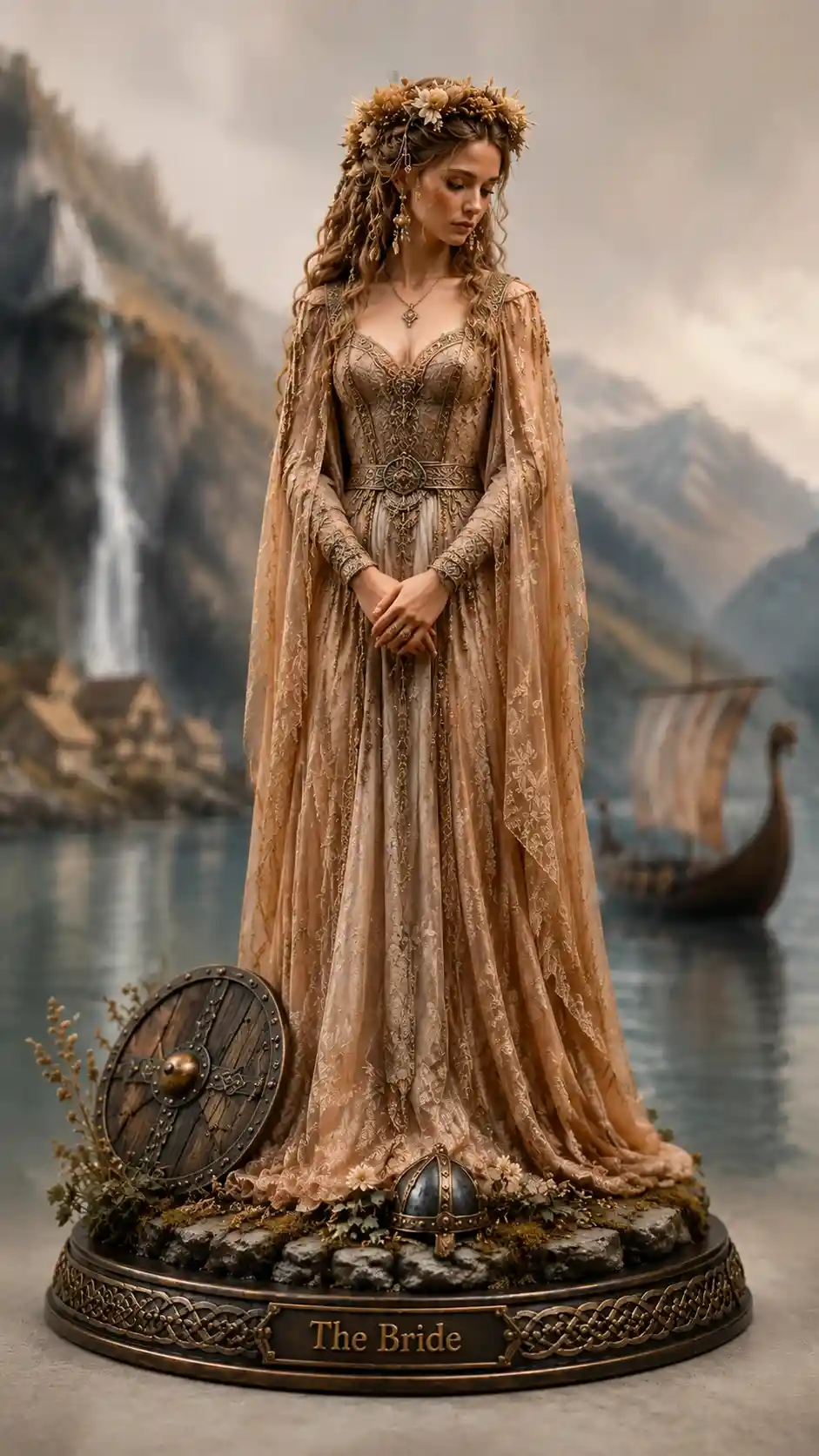 Front view of a viking bride figurine on a titled base