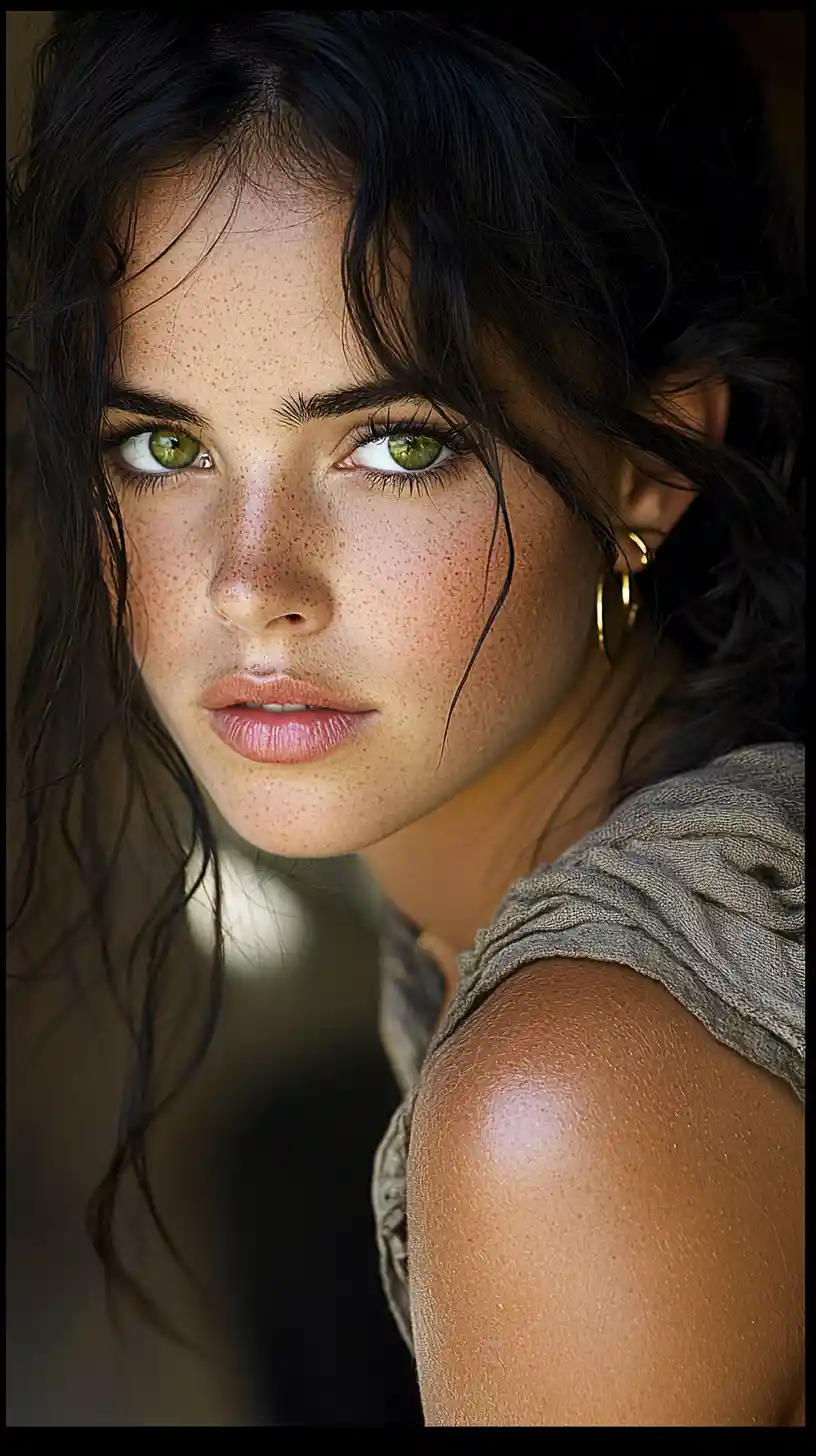 Dramatic chiaroscuro close up of a freckled young woman