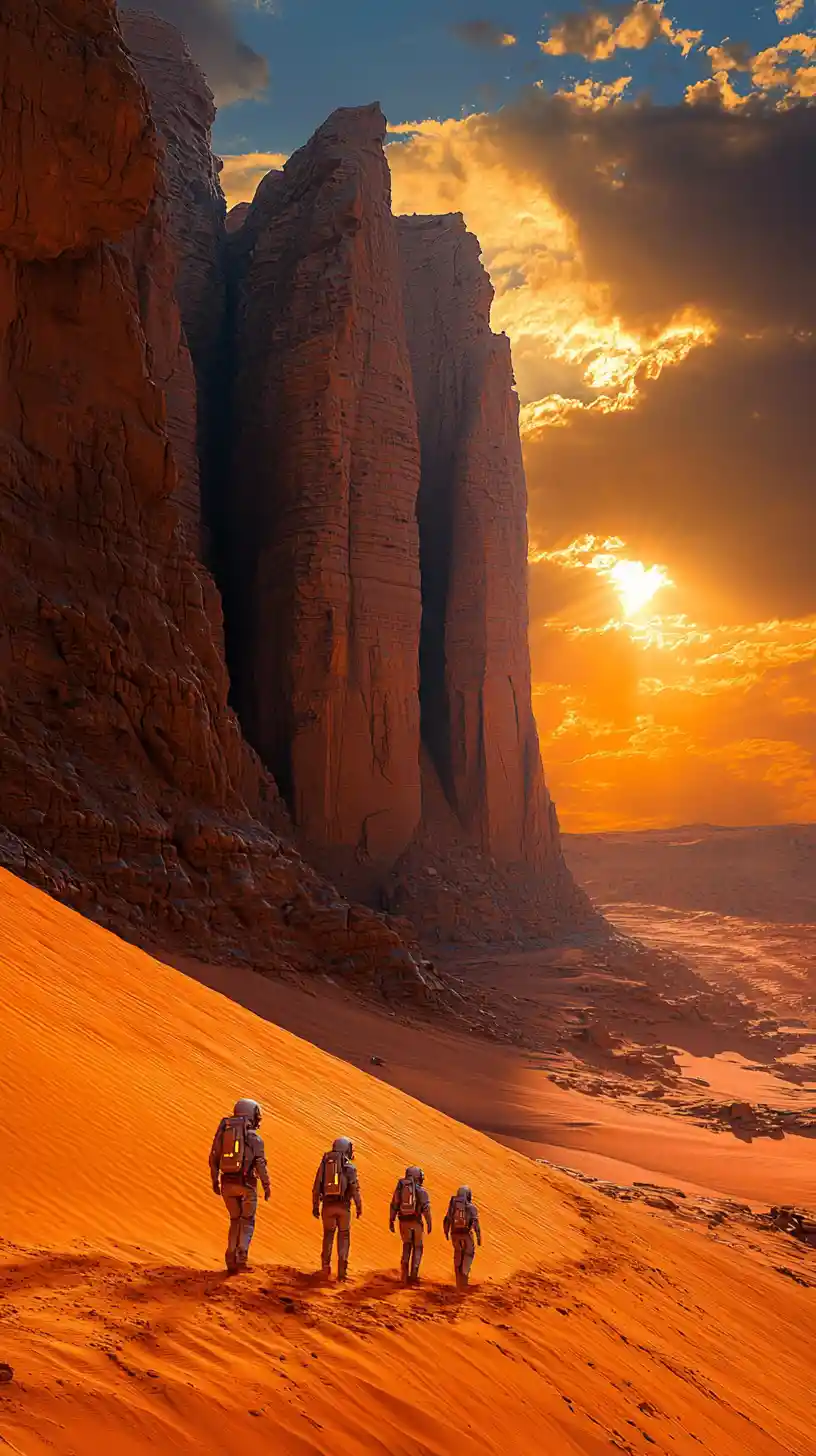 Astronauts Approach Futuristic Mars Habitat At Sunrise