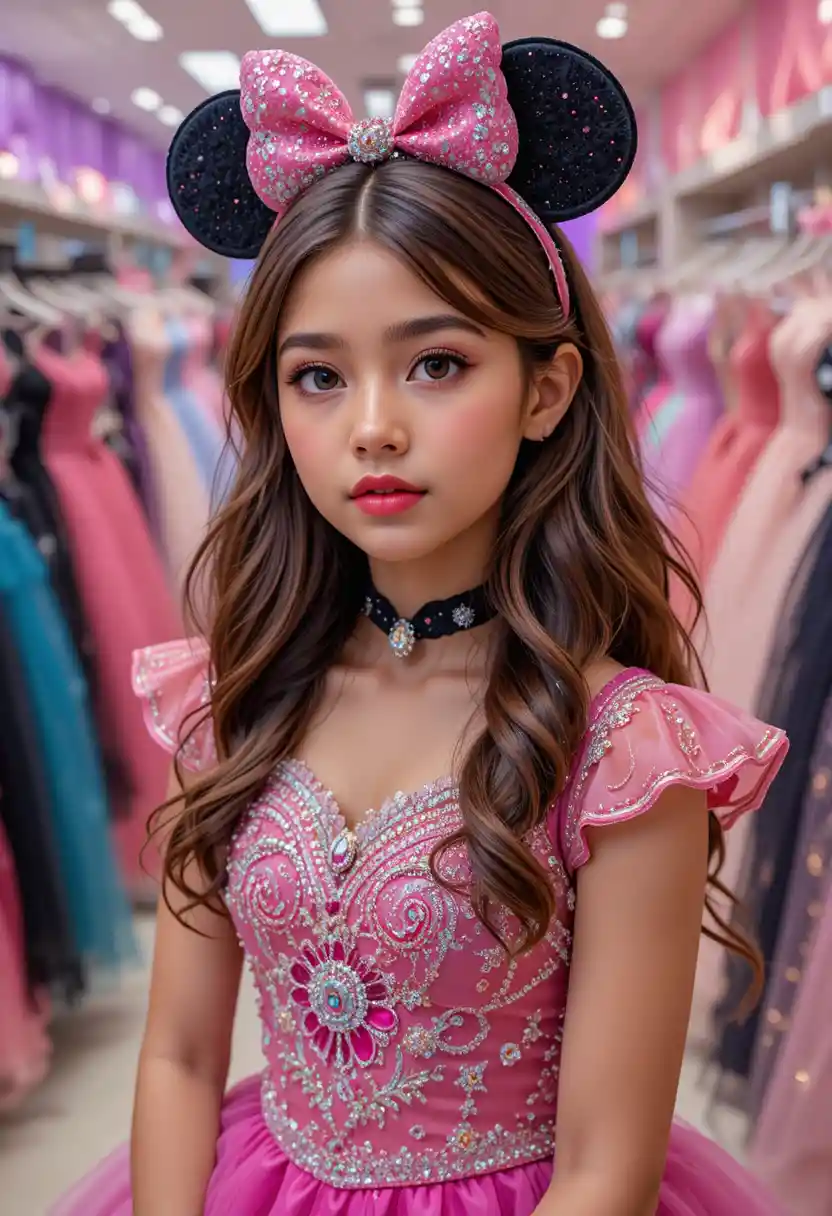 Young girl in pink Minnie gown at dress boutique