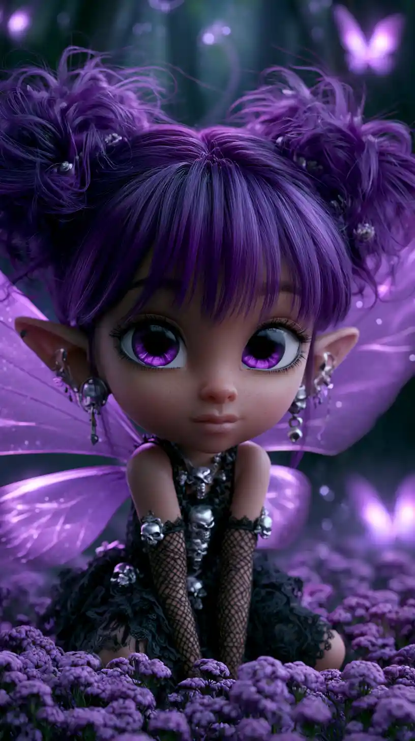 Gothic fairy girl with violet eyes in enchanted forest