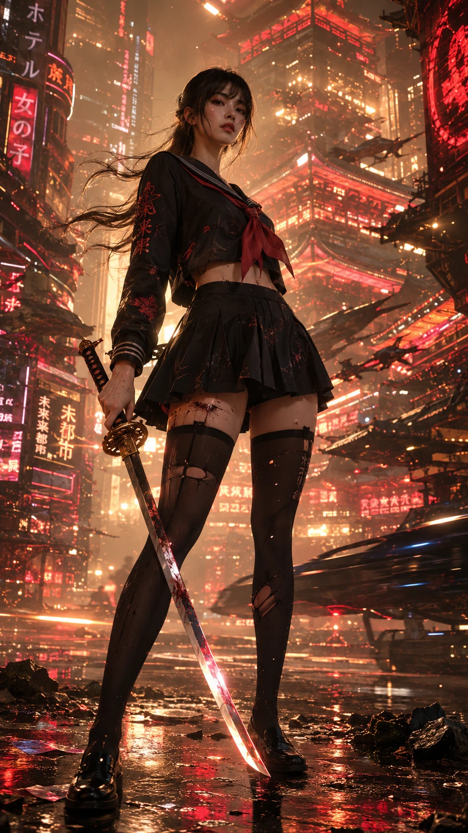 Japanese woman with sword in neo tokyo cityscape