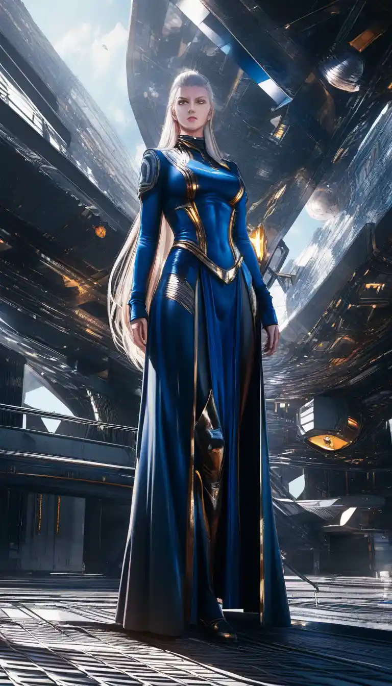 White haired sci fi woman on a distant space station