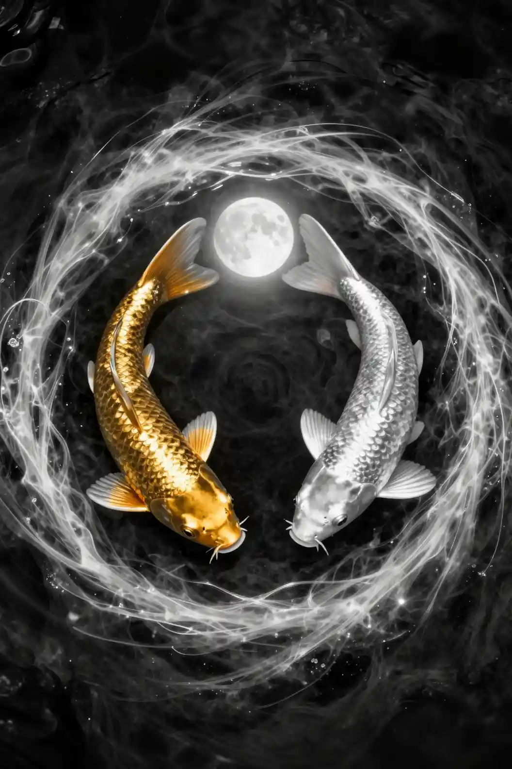 Two koi fish circling beneath a glowing full moon