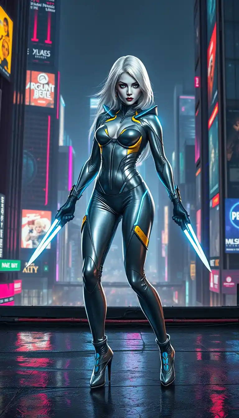 White haired cyberpunk woman with glowing knives on rooftop