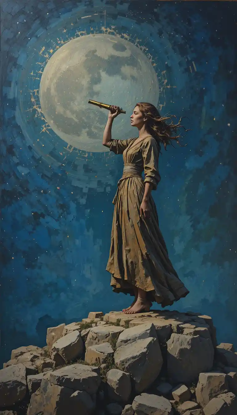 Woman studying the stars with astrolabe on stone wall