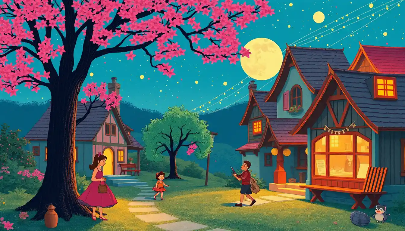 Joyful young girl in a colorful fantasy village scene