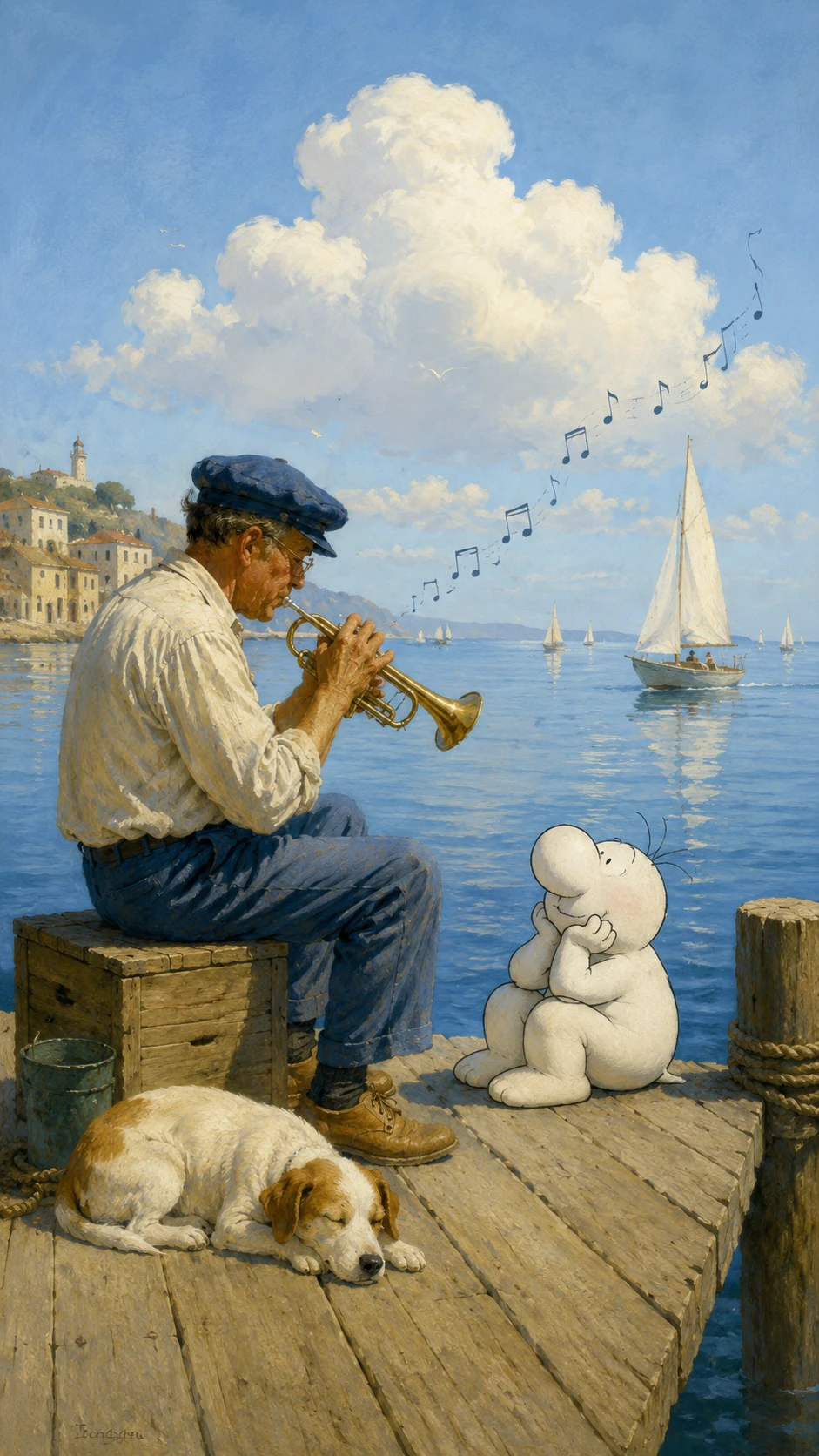 Gentle musical notes floating above a tranquil blue sea