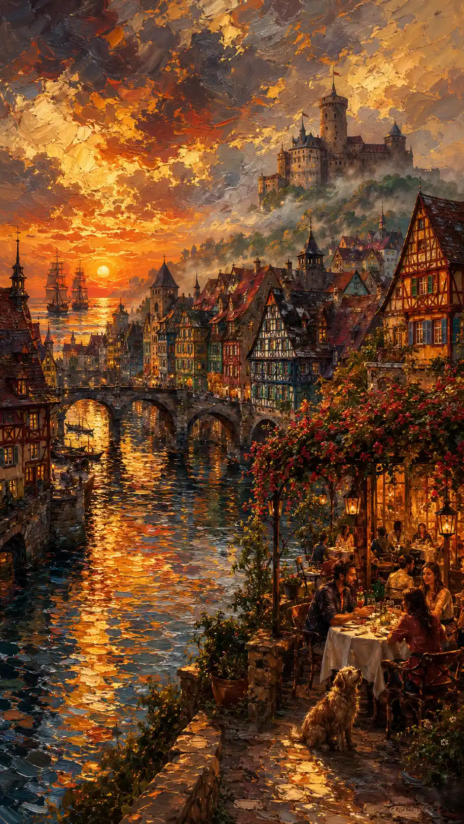 Medieval riverside castle town at golden sunset