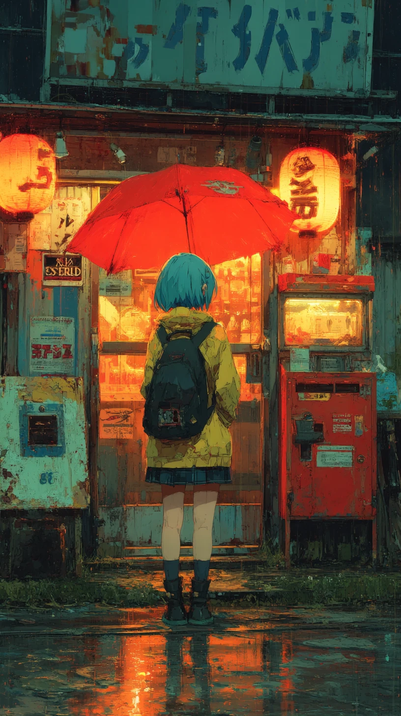 Chica de anime en una calle de ciudad lluviosa con iluminación dramática
