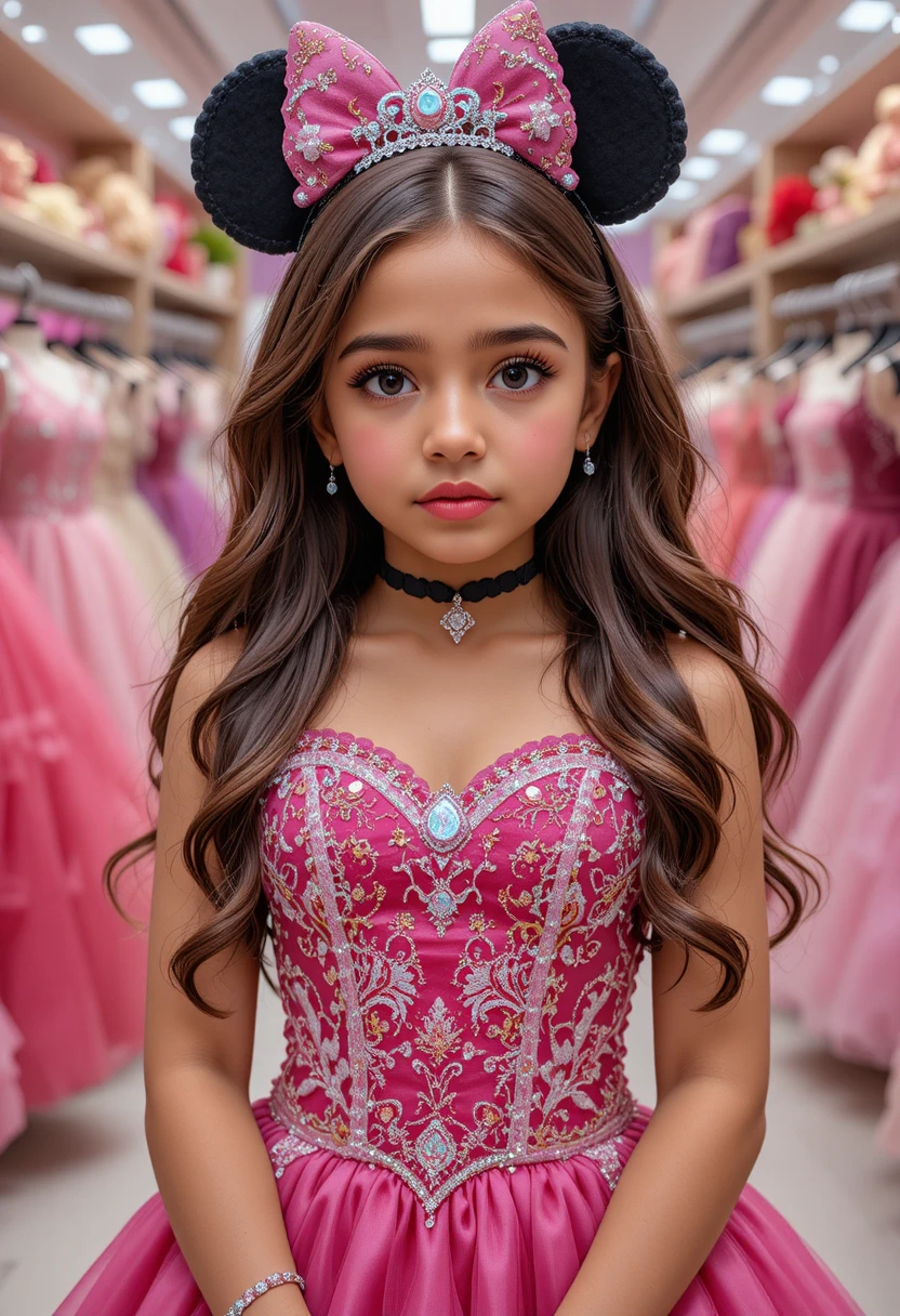 Young girl in pink Minnie gown at dress boutique