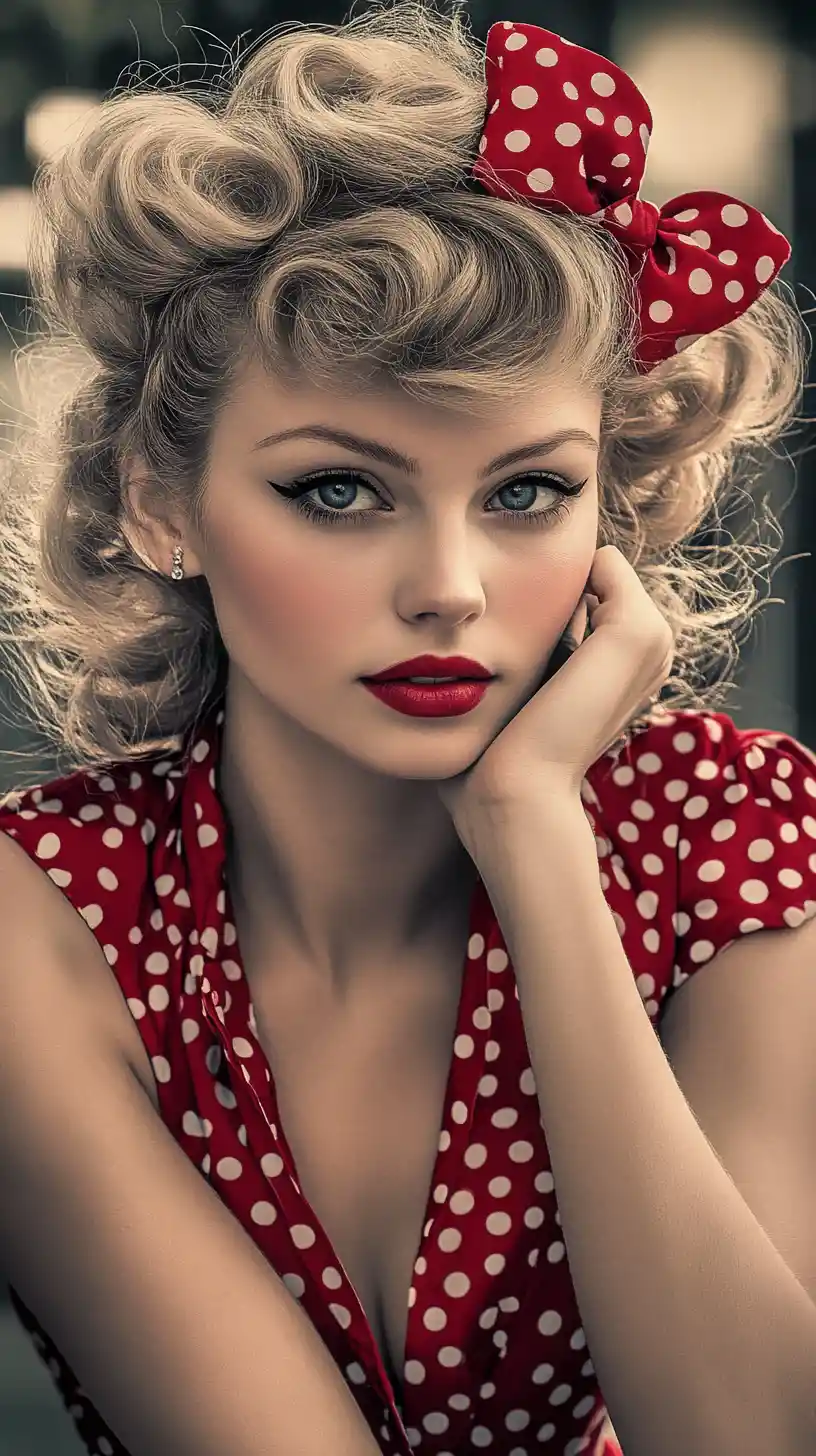 Retro pin up portrait of woman in red polka dot dress