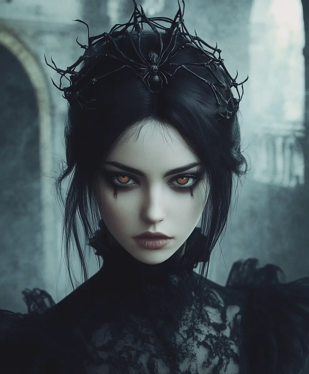 Dark spider queen in a gothic castle throne hall
