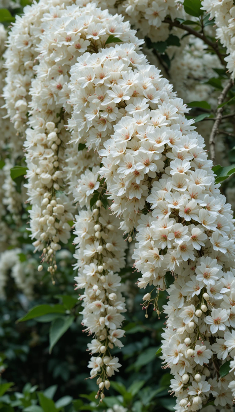 Macro close up of cascading white blossoms with pink stamens